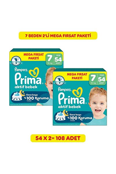 Prima Aktif Bebek Mega Fırsat Paketi 7 Numara 54'lü 2 Paket (108 Adet) Bebek ...