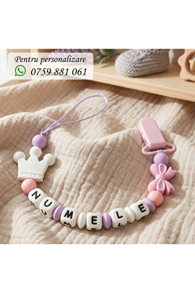 OEM Lantisor pentru suzeta, personalizat cu numele bebelusului, FUNDITA ROZ