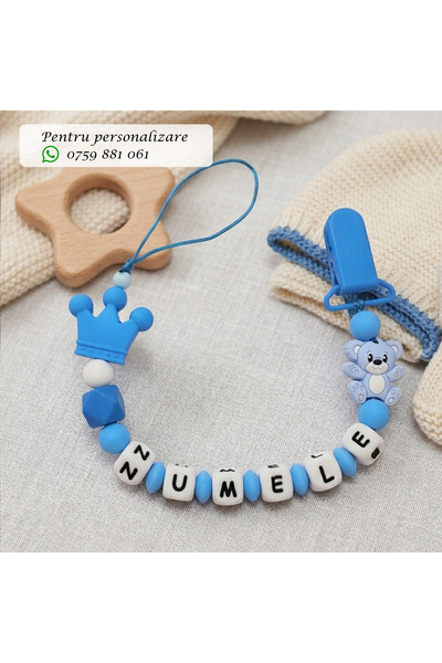 OEM Lantisor pentru suzeta, personalizat cu numele bebelusului, Ursulet albastru