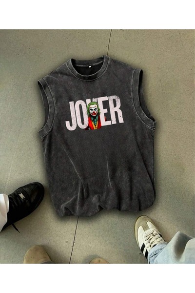 Le Savu Tricou unisex oversize, vintage, lavabil, cu imprimeu Joker, cu gât t...