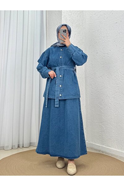 Holehola Munir Metal Buttoned Skirted Denim Suit-Ls5432 Blue