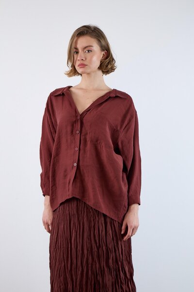Eliss butik Oversize Ipeksi Bordo Perr-y Gömlek