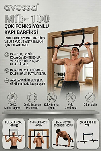 AVESSA MFB-100 Çok Fonksiyonlu Kapı Barfiksi - Güçlü Çelik Gövde - 100 KG Taş...