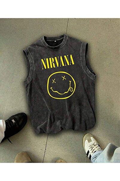 Le Savu Tricou unisex oversize, vintage, lavabil, cu imprimeu Nirvana, cu gât...