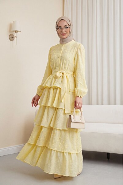 Modamorfo Half-Buttoned, Layered Skirt, Elasticated Sleeves, Belted Crinkle D...