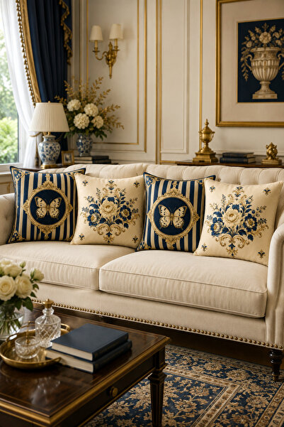 Bebişim Halı Set de 4 huse de pernă cu model floral albastru marin auriu, per...