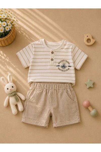 Mina Mino Baby Boys' Striped T-Shirt Shorts Set 100% Cotton Top Linen Shorts Summer Casual 2 3 4 5 Years Old
