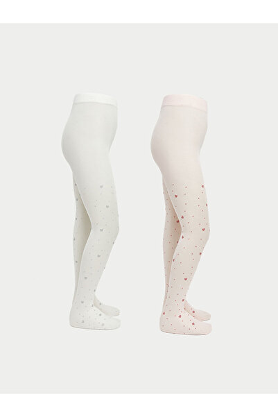 LC Waikiki Ecru Heart Patterned Girls' Thin Pantyhose 2-Piece Set