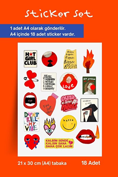 ArtDropsco 18'li Renkli Mizahi Sticker Seti A4 Tabaka Modern Kolaj Laptop Tel...