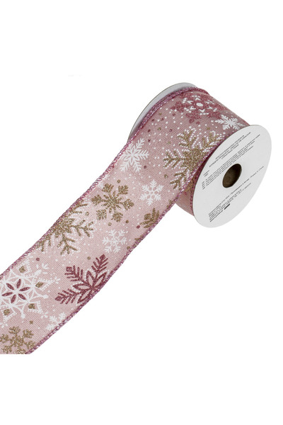OEM Panglică roz de Crăciun cu fulgi de zăpadă albi aurii sclipitori 5m x 63mm