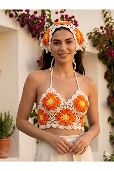 El yapım Renkli bandana bustiyer takim bohem turuncu cıceklı bustiyer takım y...
