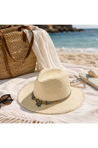Clayre & Eef Boho Sun Hat with Marine Details and Fringed Brims – Natural/Cream