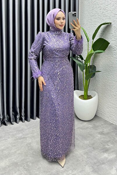 Kalemen Moda Sahra Otriş Detay Abiye 1004 Koyu Lila