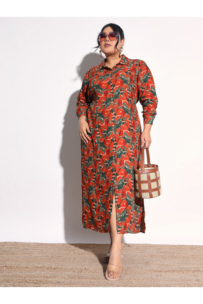 Sassafras By Styli Plus Size Rust Tropical Print Maxi Shirt Dress