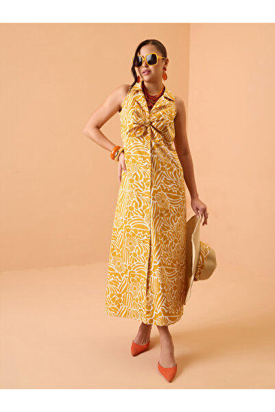 Sassafras By Styli Yellow All Over Print Bow Detail Midi Dress