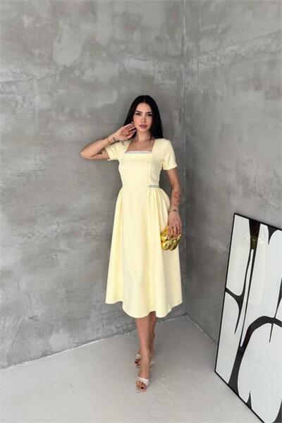 Neşeli Butik Women's Yellow Square-Necked Dress with Stone Details and Draped...