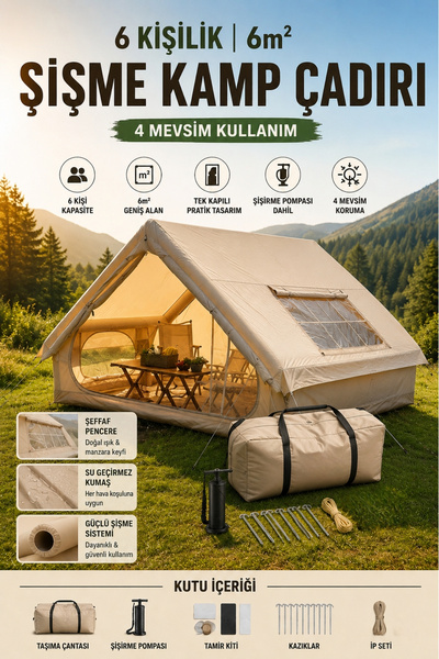 Toyaş 6 Kişilik 4 Mevsim Şişme Kamp Çadırı – Su Geçirmez Tek Kapılı Aile Kamp...