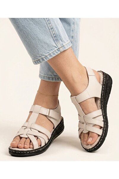 Gönbeler Women's Cream Genuine Leather Orthopedic Comfort Sandals