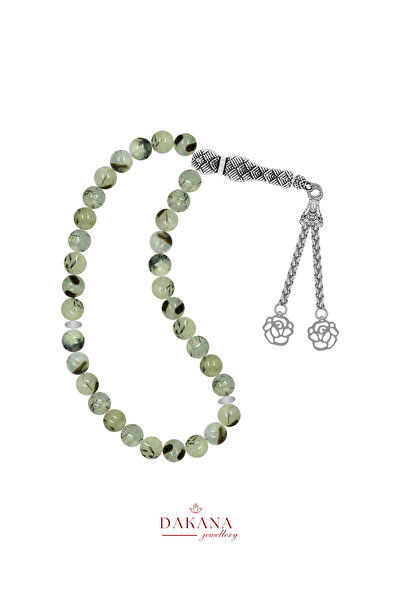 DAKANA JEWELLERY Certified 8 mm Prehnite Stone Lotus Flower Steel Tassel Natu...