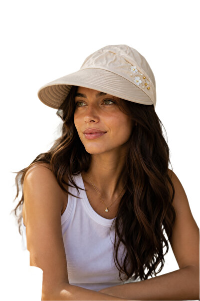 HatClub Exclusive Pălărie crem pentru femei, cu vizor, cu detalii florale, cu...