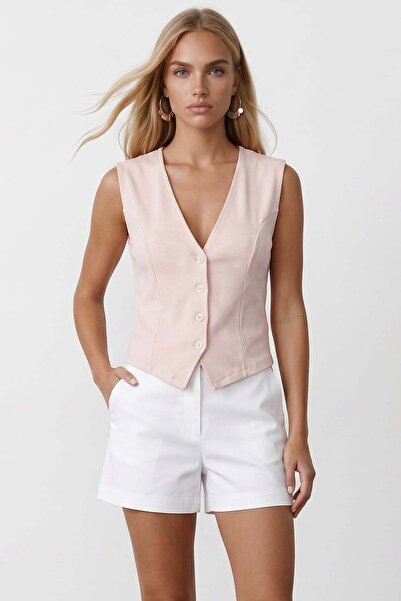 Trend Alaçatı Stili Women's powder pink v-neck stitch detailed vest alc-x15496