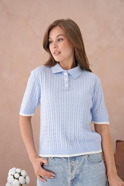 Arbucky Women's Polo Neck Hair Braided Knitwear Blouse