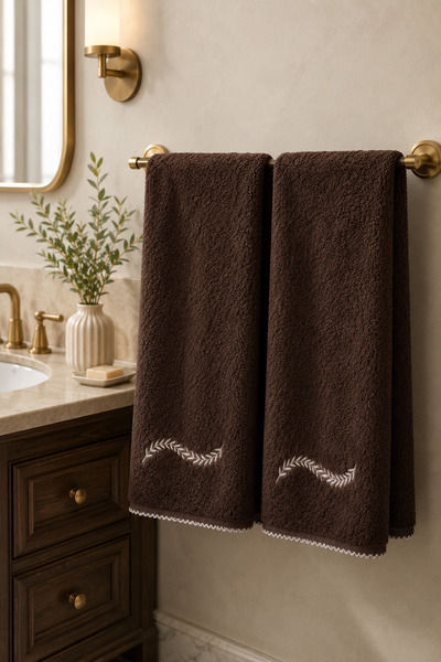 Motif Mağaza Sienna Leaf Embroidered 100% Cotton 2-Piece Towel Set - Dark Brown
