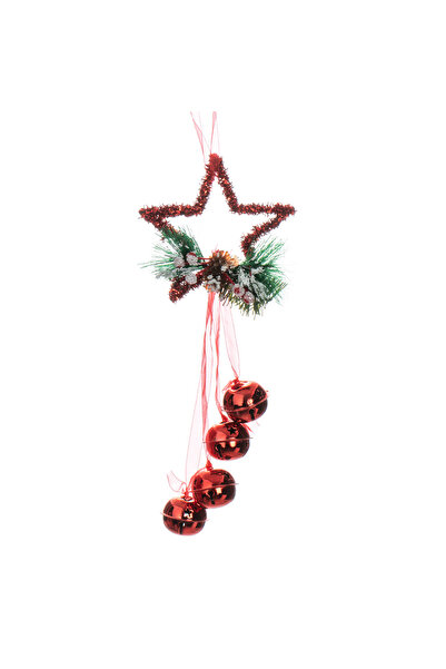 OEM Ghirlandă decorativă de Crăciun, cu stea, beteală și clopoței roșii, 28cm