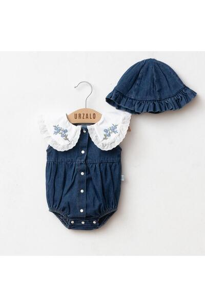 Luna Kids Store Premium Vintage Yaka Nakışlı Dantelli Kız Bebek Jean Romper v...