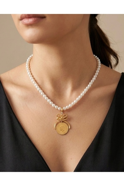 SERENİTY AKSESUAR Pearl Necklace with a Gold Bow That Can Be Attached (Compat...