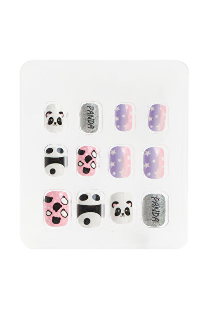 Zumzeria White, Pink, Black Adhesive False Nails Panda for Kids 12 pcs