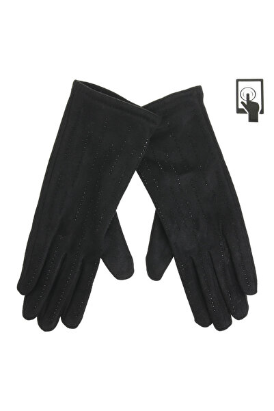 Zumzeria Black Gloves with Striped Design and Black Rhinestones for Touch Scr...