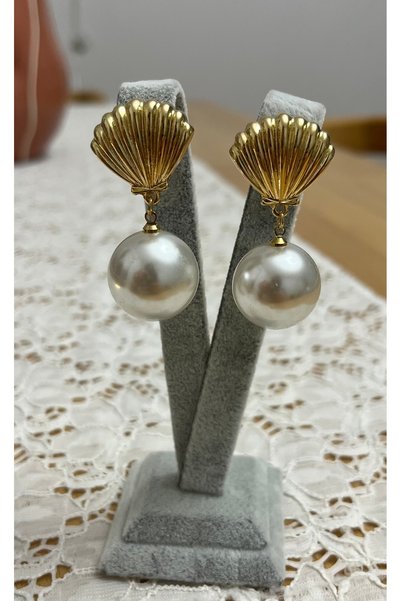Vivante Premium Steel Gold Seashell Formed Dangle Big Pearl Earrings