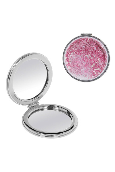 OEM Silver Double-Sided Round Pocket Mirror with Pink Glitter 7cm