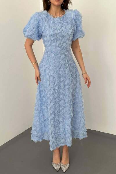Caddebostan Moda Rose Embossed Midi Length Balloon Sleeve Evening Dress