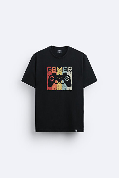 AYDESİGN Tricou negru cu imprimeu Gamer, cu gât rotund