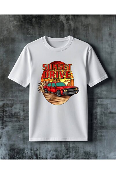 COMVİCHO Sunset Drive Red Car Printed Oversize T-Shirt