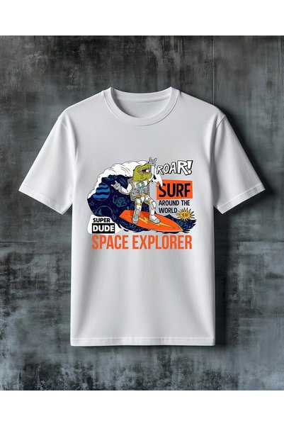 COMVİCHO تي شيرت مطبوع عليه space dinosaur surf explorer مقاس كبير
