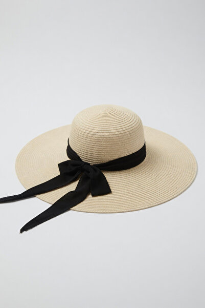 Mollycrush Women's Beige Straw Beach Hat with Black Bow Detail |   Wide Brim ...