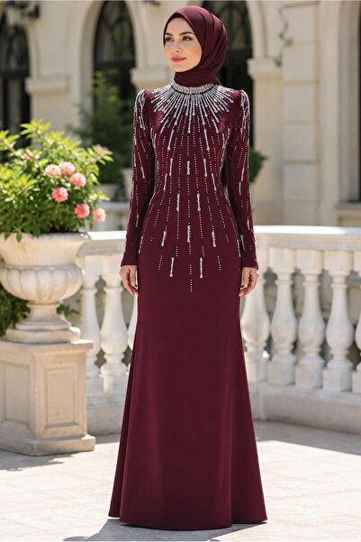 TRENDTESETTÜR KADIN BORDO TAŞ DETAYLI ABİYE ELBİSE T 2563
