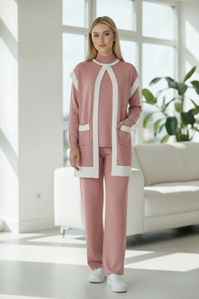 Intisimo Women's Knitted Three-Piece Classic Set, Powder Pink/White