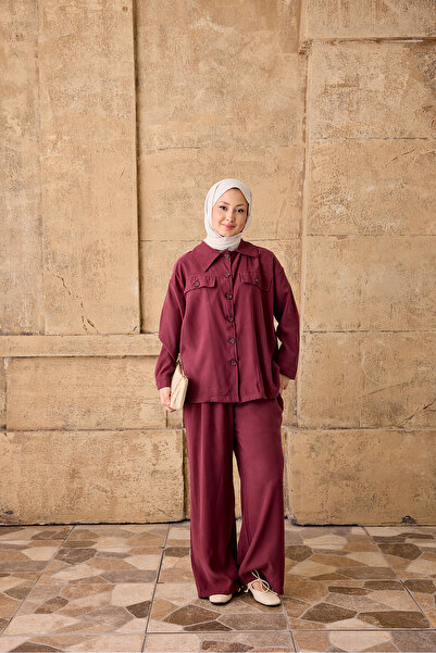 LOCCO Women's Double Pocket Look Button Detail Suit Burgundy