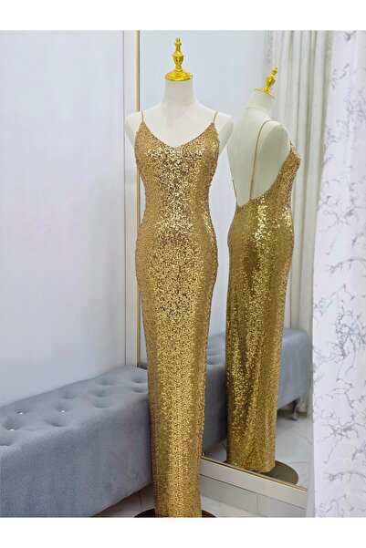 Golden Thread Maxi Εξώπλατο Φόρεμα με Χρυσές Παγιέτες και Λεπτές Τιράντες