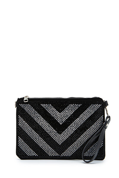 minebag Stone Detailed Clutch Rexie Plain Black and White Women's Evening Dre...