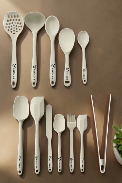 Multiamo Heat Resistant 12 Piece Silicone Spatula, Spoon, Colander, Tongs Dow...