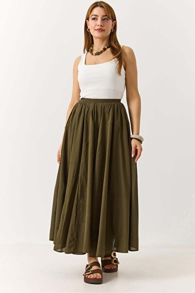 Raneel Kazançlı Alışveriş Women's Pleated Crinkled Lined Long Skirt Khaki