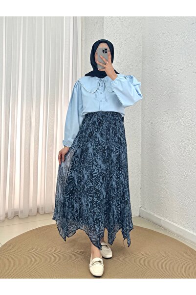 MİHRA STORE Vaha Patterned Asymmetrical Chiffon Skirt-Fa1077.3 Indigo