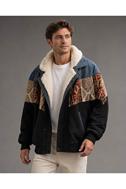 CANMODA (8012) Jachetă Recien unisex cu guler din blană, stil vintage aztec, ...