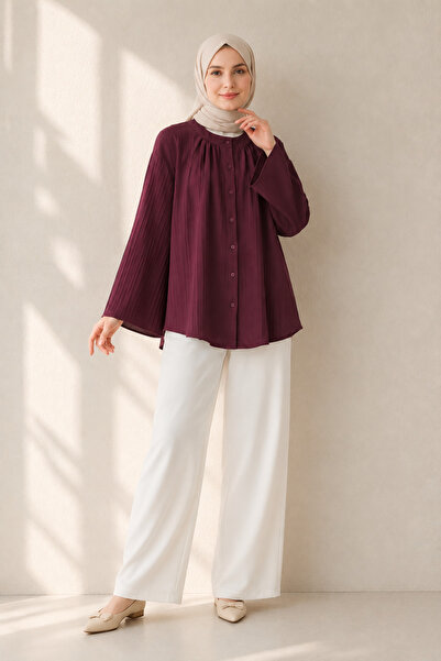 Kirazgym Buttoned Spanish Sleeve Round Neck Tunic - Burgundy