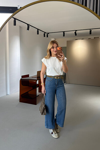 Sezgi Tekin Belted Blue Washed Tencel Flare Jeans